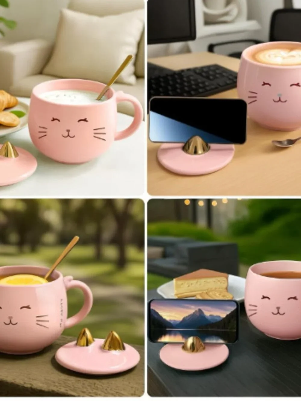 Kawaii Pink Cat Ceramic Coffee Mug with Gold Spoon & Phone Holder Lid (13.5 oz)